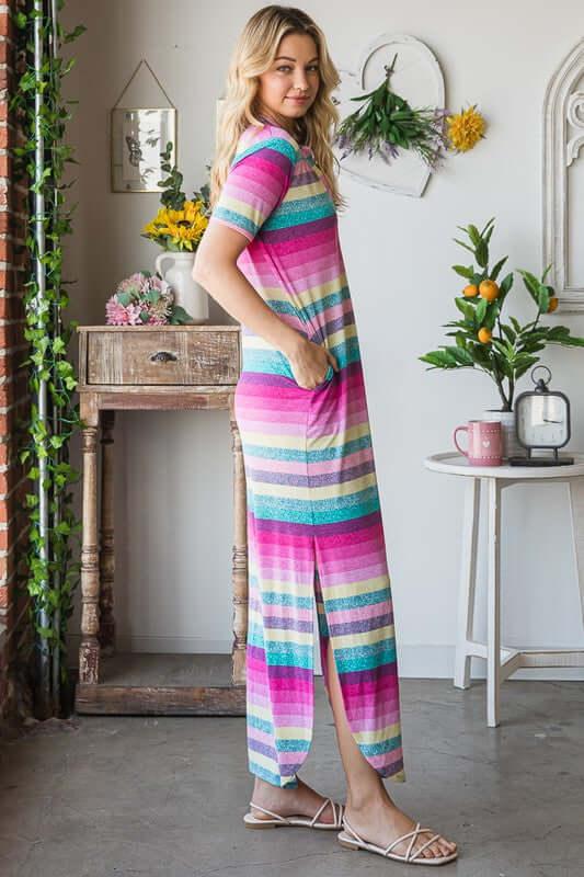 Heimish Full Size Striped Short Sleeve Maxi Tee Dress Plus Size - Clothes For Her Online Store