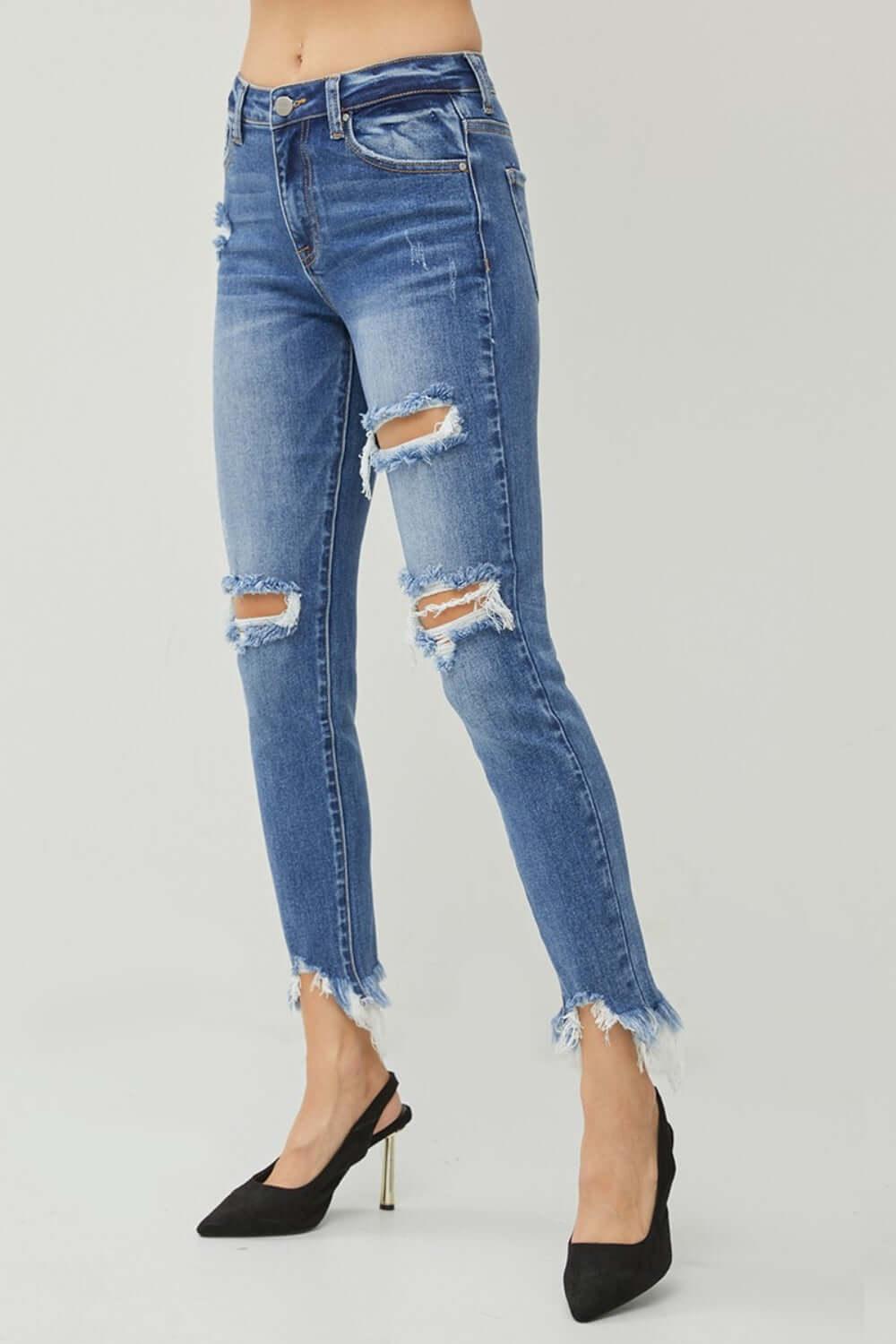 RISEN Distressed Frayed Hem Slim Jeans - Clothes For Her Online Store