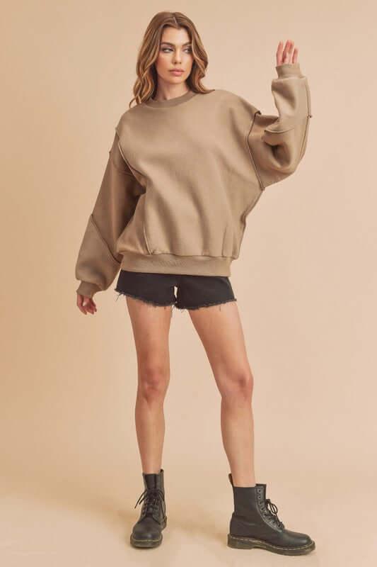 Aemi + Co Exposed Seam Round Neck Drop Shoulder Sweatshirt - Clothes For Her Online Store