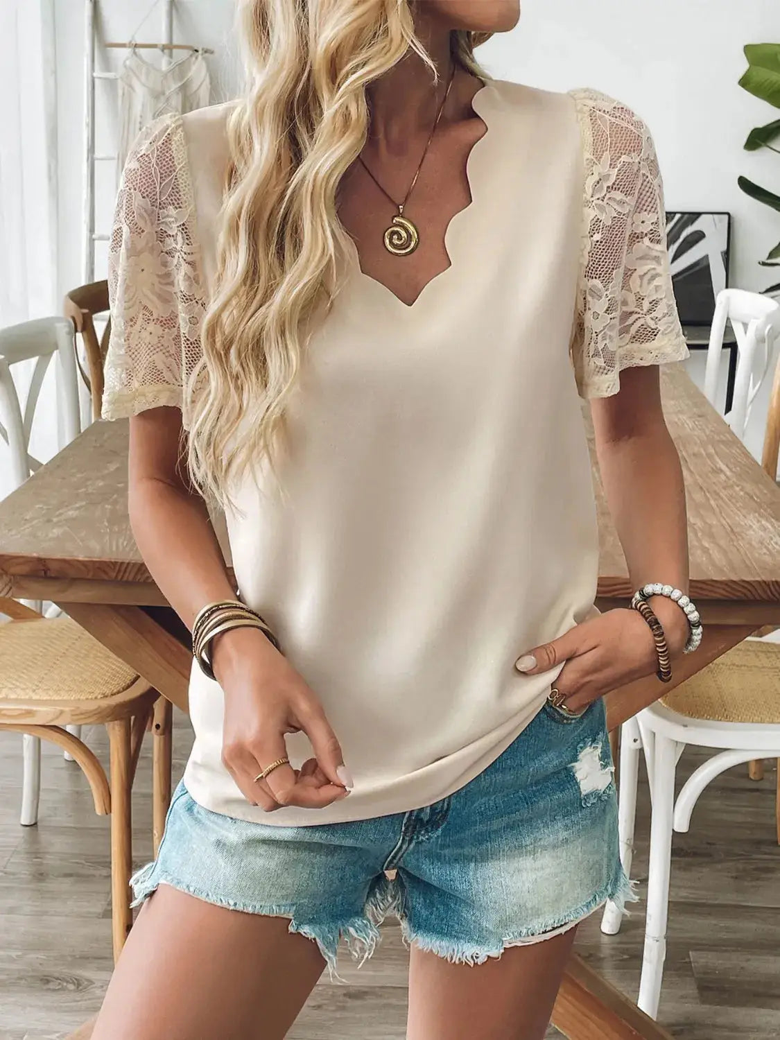 V-Neck Lace Short Sleeve T-Shirt - Clothes For Her Online Store