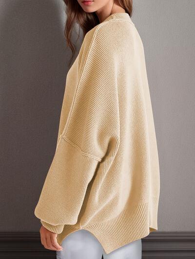 Double Take Side Slit Round Neck Long Sleeve Sweater - Clothes For Her Online Store
