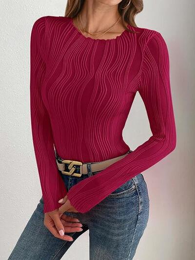 Textured Round Neck Long Sleeve Top - Clothes For Her Online Store