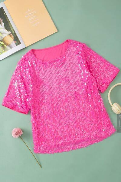 Sequin Round Neck Half Sleeve Blouse - Clothes For Her Online Store