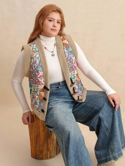 Plus Size Printed Sherpa Vest Coat - Clothes For Her Online Store