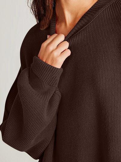 Double Take Side Slit Round Neck Long Sleeve Sweater - Clothes For Her Online Store