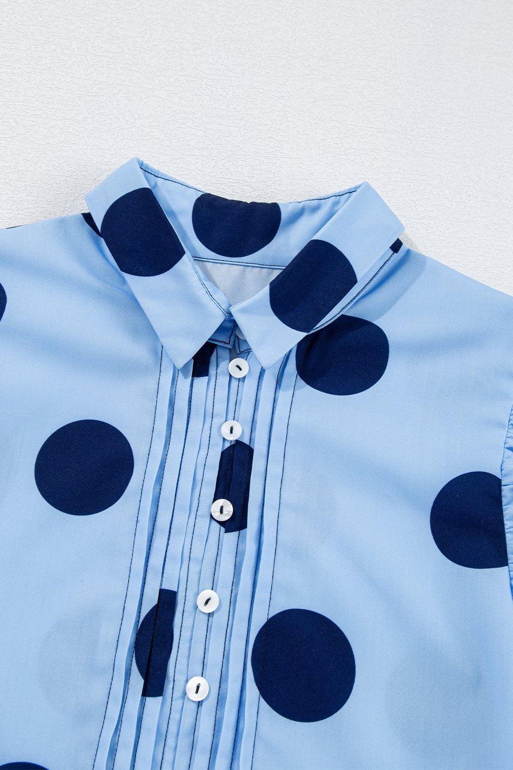 Polka Dot Print Ruffled Short Sleeve Buttoned Collared Blouse - Clothes For Her Online Store