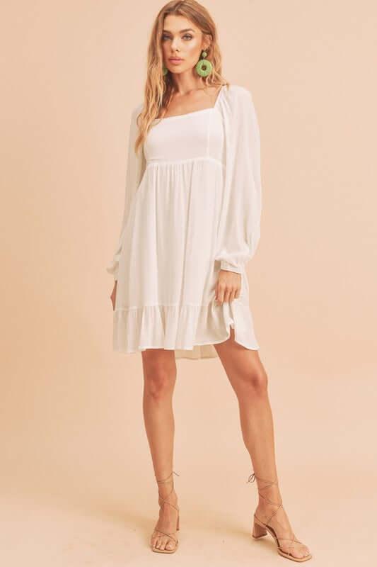 Aemi + Co Ruffled Hem Square Neck Balloon Sleeve Mini Dress - Clothes For Her Online Store
