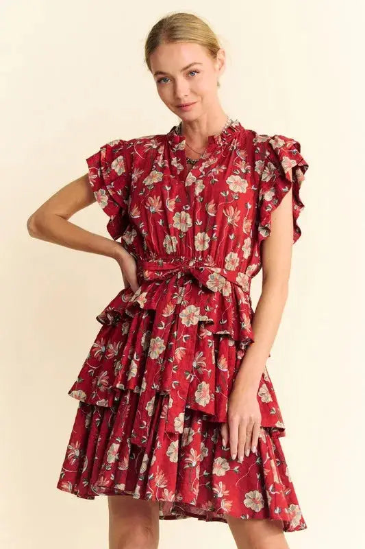 Davi & Dani Ruffle Flutter Sleeve Tie Belt Tiered Mini Dress - Clothes For Her Online Store