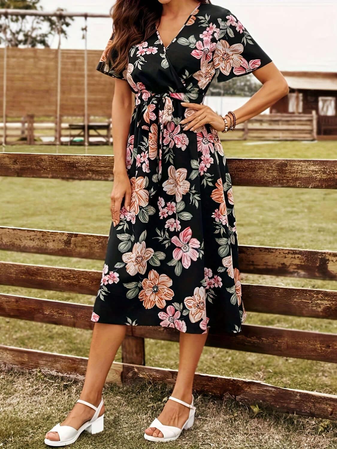 Tied Floral Surplice Short Sleeve Dress - Clothes For Her Online Store