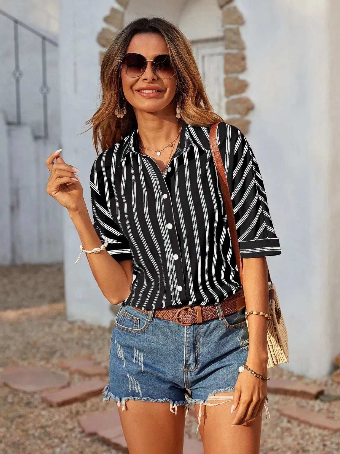 Striped Collared Neck Half Sleeve Shirt