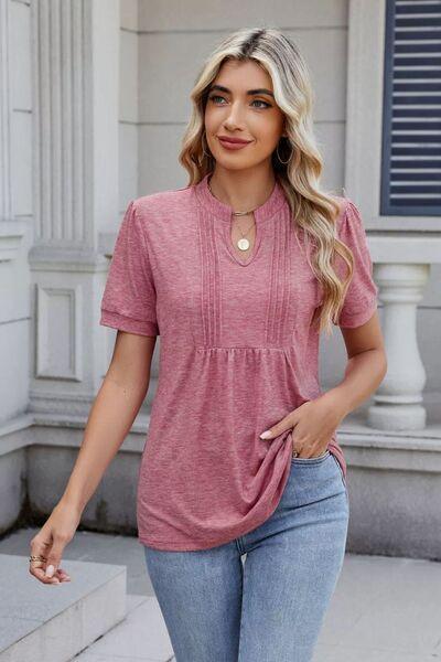 Notched Short Sleeve Solid Color Top - Clothes For Her Online Store