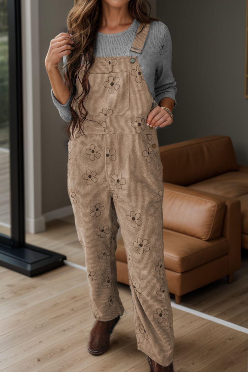 Flower Wide Strap Overalls with Pockets - Clothes For Her Online Store