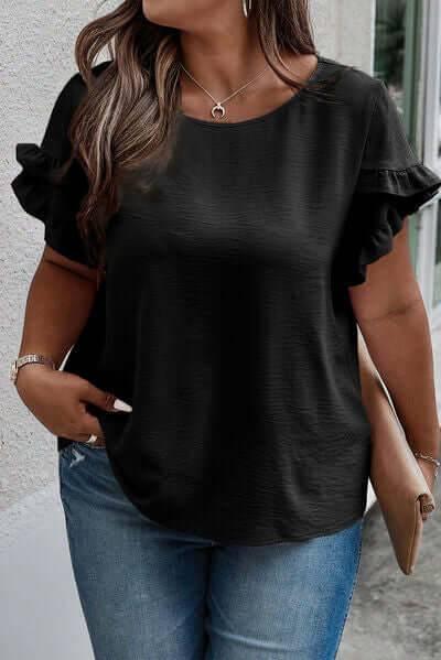 Plus Size Ruffled Round Neck Short Sleeve Blouse - Clothes For Her Online Store
