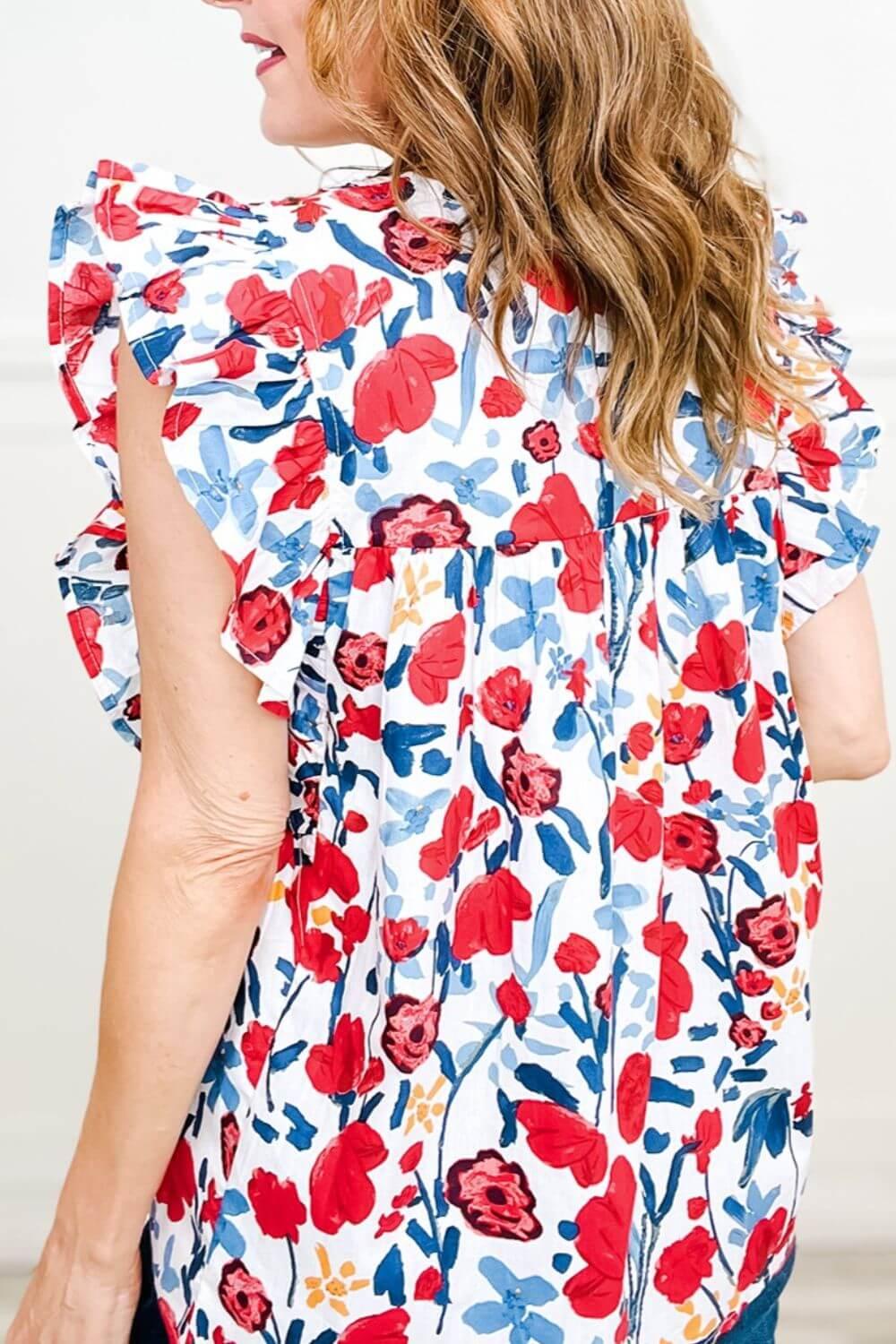 Ruffled Printed V-Neck Cap Sleeve Blouse - Clothes For Her Online Store