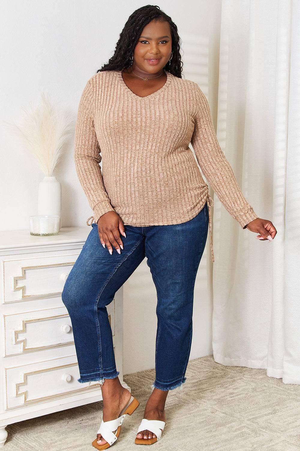 Double Take Drawstring Ribbed Long Sleeve T-Shirt - Clothes For Her Online Store