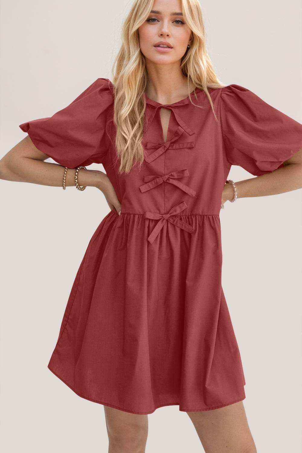 Oh Bow Ruched Puff Sleeve Mini Dress - Clothes For Her Online Store