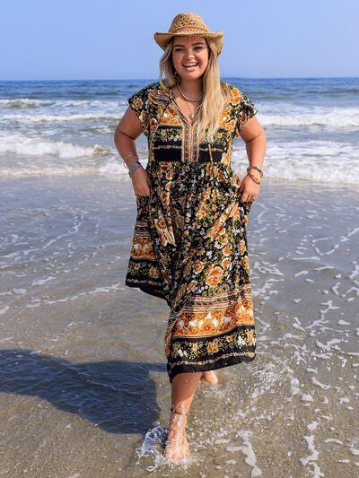 Plus Size Printed V-Neck Ruffle Cap Sleeve Maxi Dress - Clothes For Her Online Store