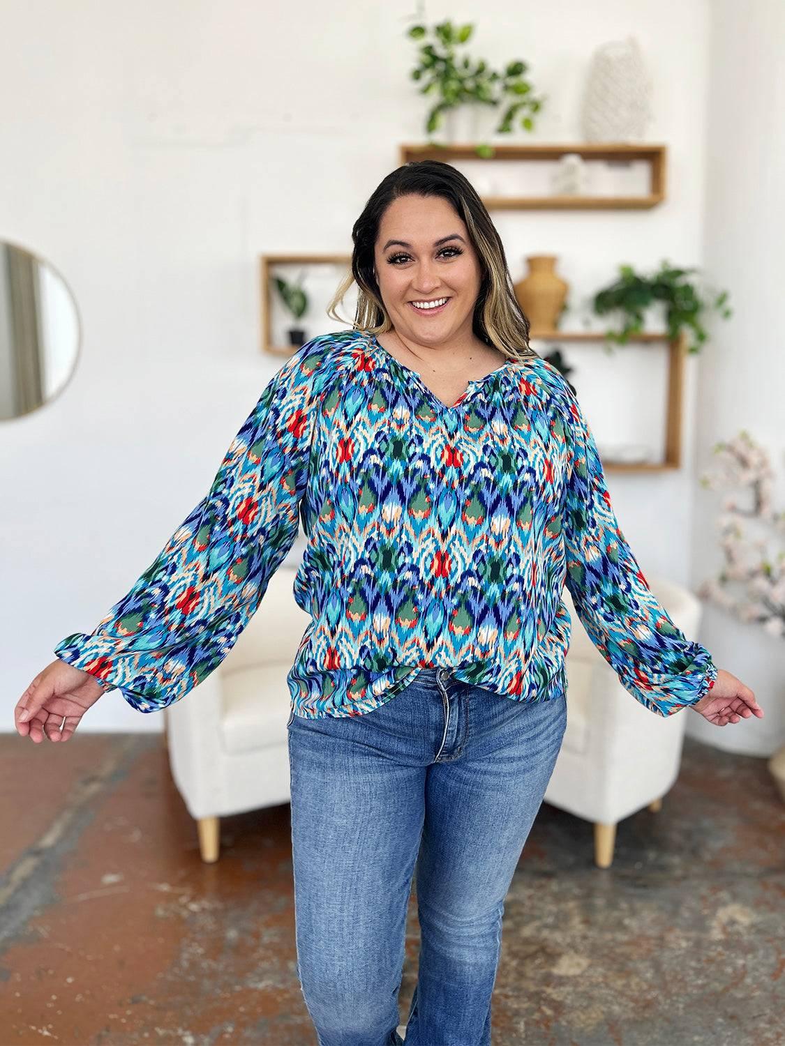 Double Take Full Size Printed Balloon Sleeve Blouse - Clothes For Her Online Store