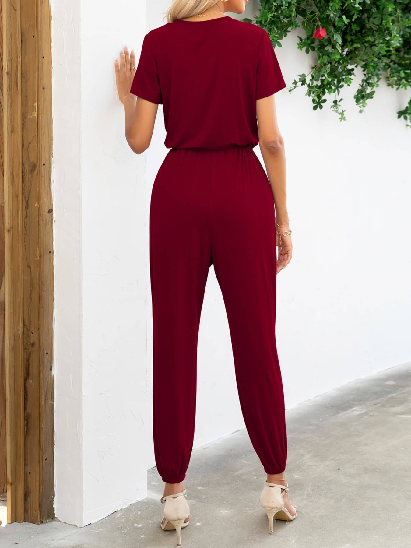 Short Sleeve V-Neck Jumpsuit with Pockets - Clothes For Her Online Store