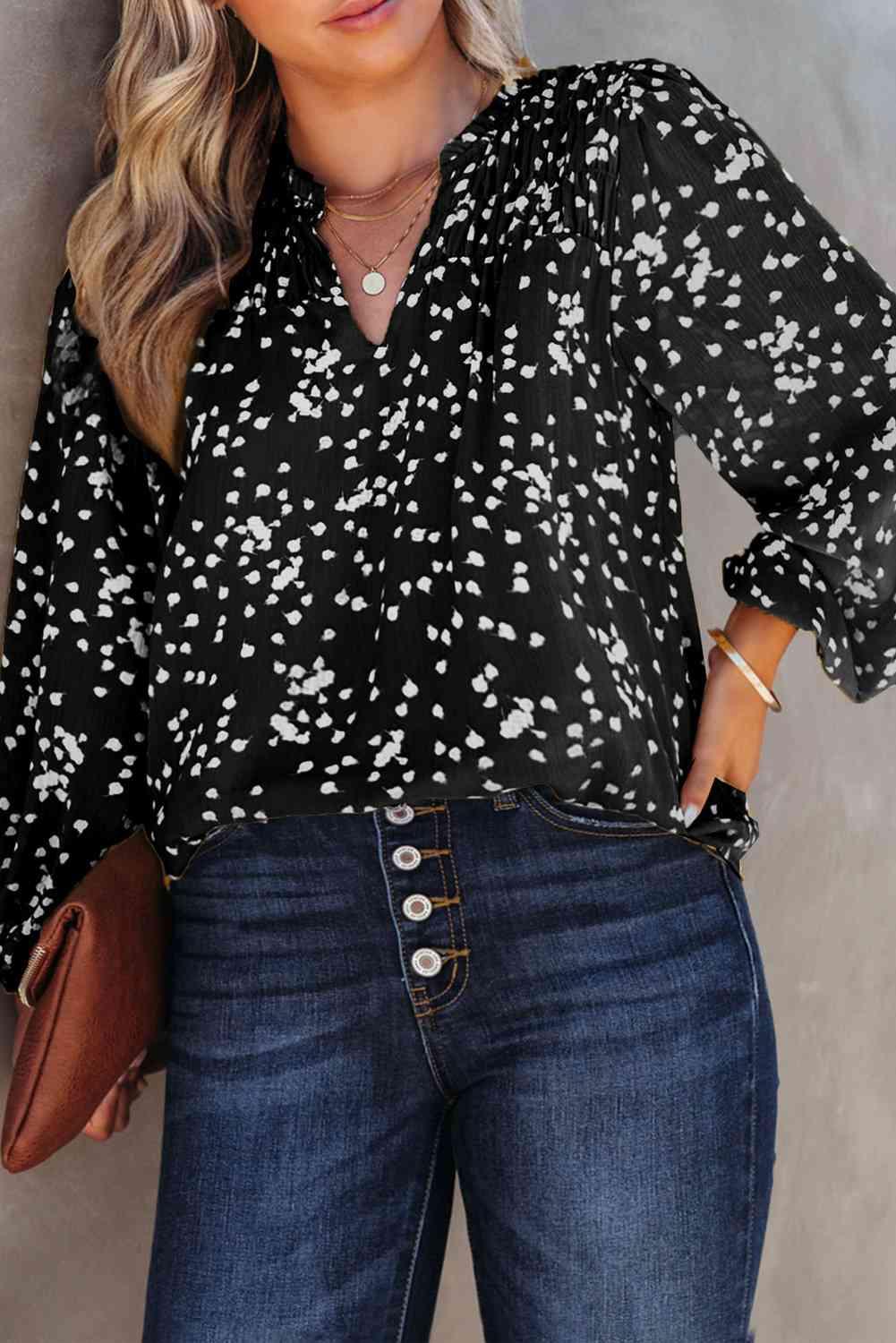 Plus Size Notched Neck Smocked Blouse - Clothes For Her Online Store
