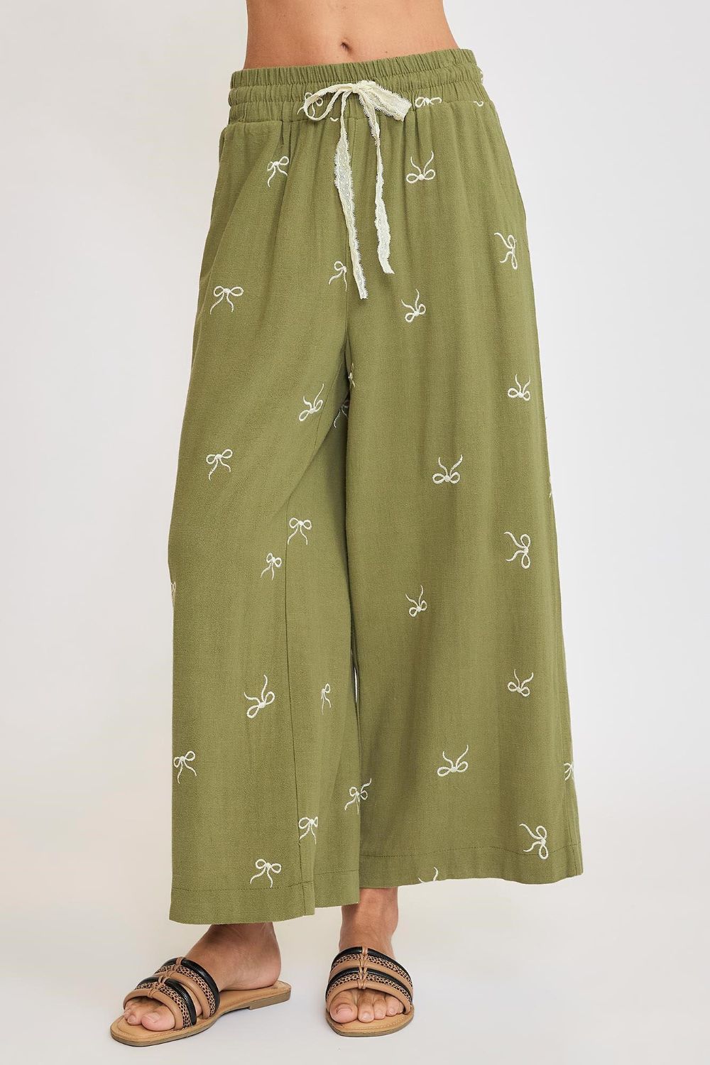 Umgee Full Size Lace Drawstring Embroidered Bow Wide Leg Pants Plus Size - Clothes For Her Online Store