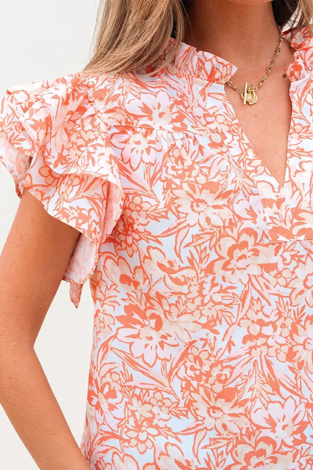 Floral Ruffle Sleeve Split Neck Blouse