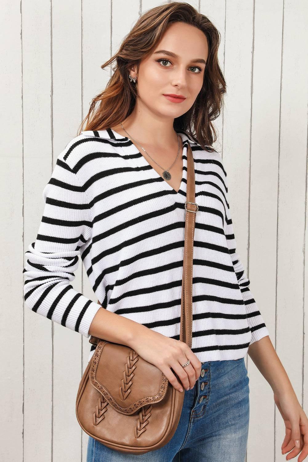 Double Take Striped Johnny Collar Long Sleeve Knit Top - Clothes For Her Online Store