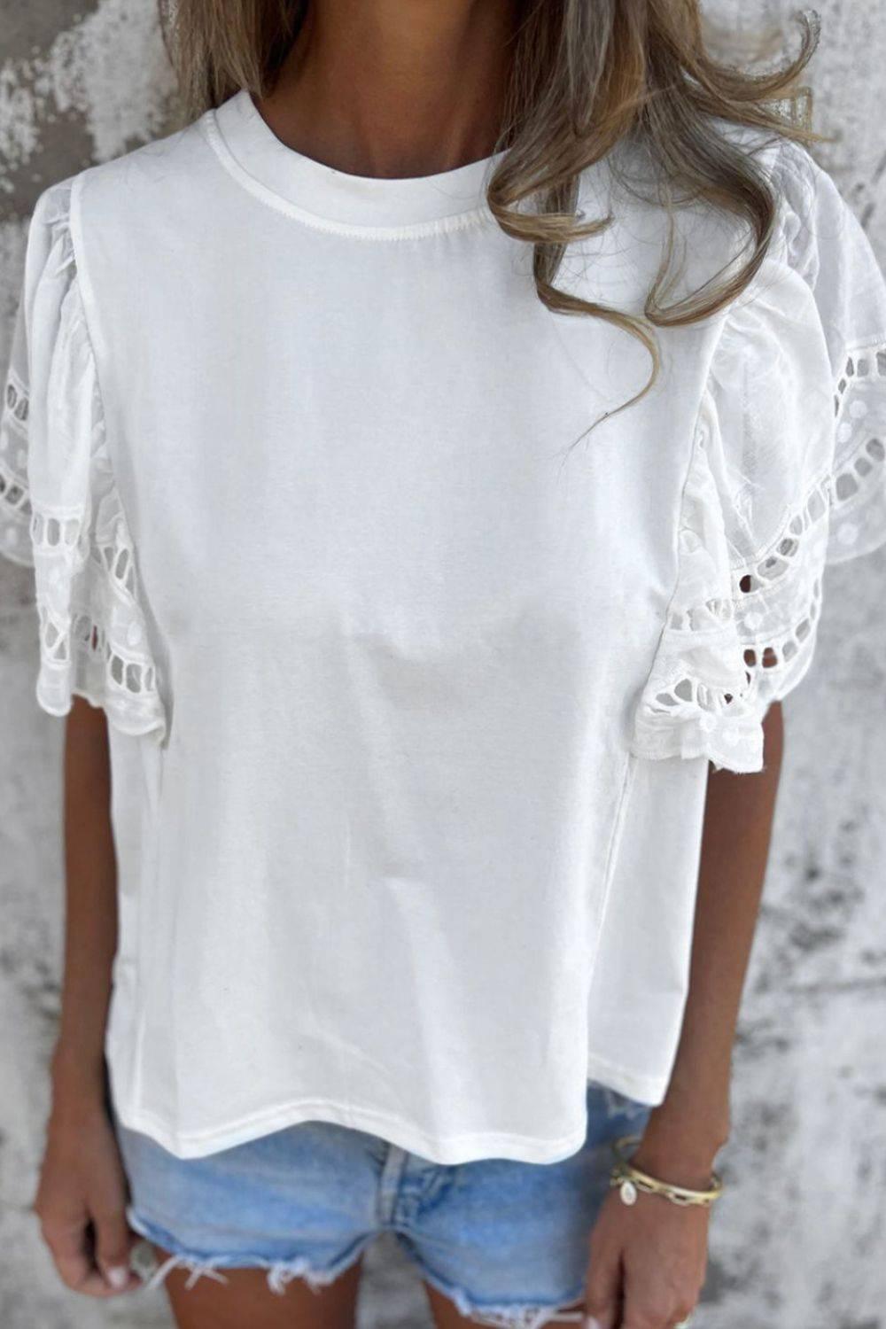 Hollow Out Embroidered Short Sleeve Round Neck Top - Clothes For Her Online Store
