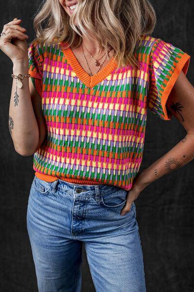 Contrast Striped V-Neck Knit Top - Clothes For Her Online Store