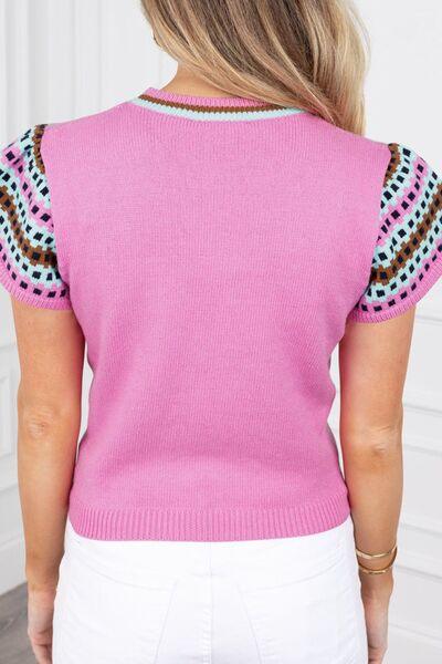 Contrast Short Sleeves Round Neck Sweater - Clothes For Her Online Store
