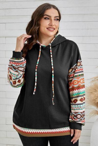 Plus Size Waffle-Knit Geometric Dropped Shoulder Hoodie - Clothes For Her Online Store