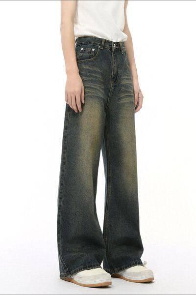 Washed Cat Whisker Straight Leg Jeans - Clothes For Her Online Store