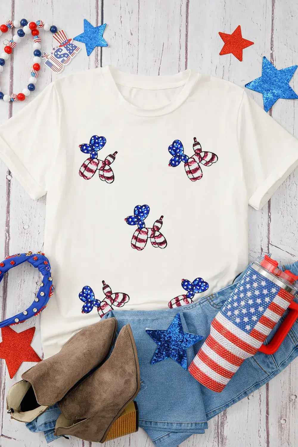 Sequin Stars and Stripes Balloon Puppy Graphic Crewneck Tee