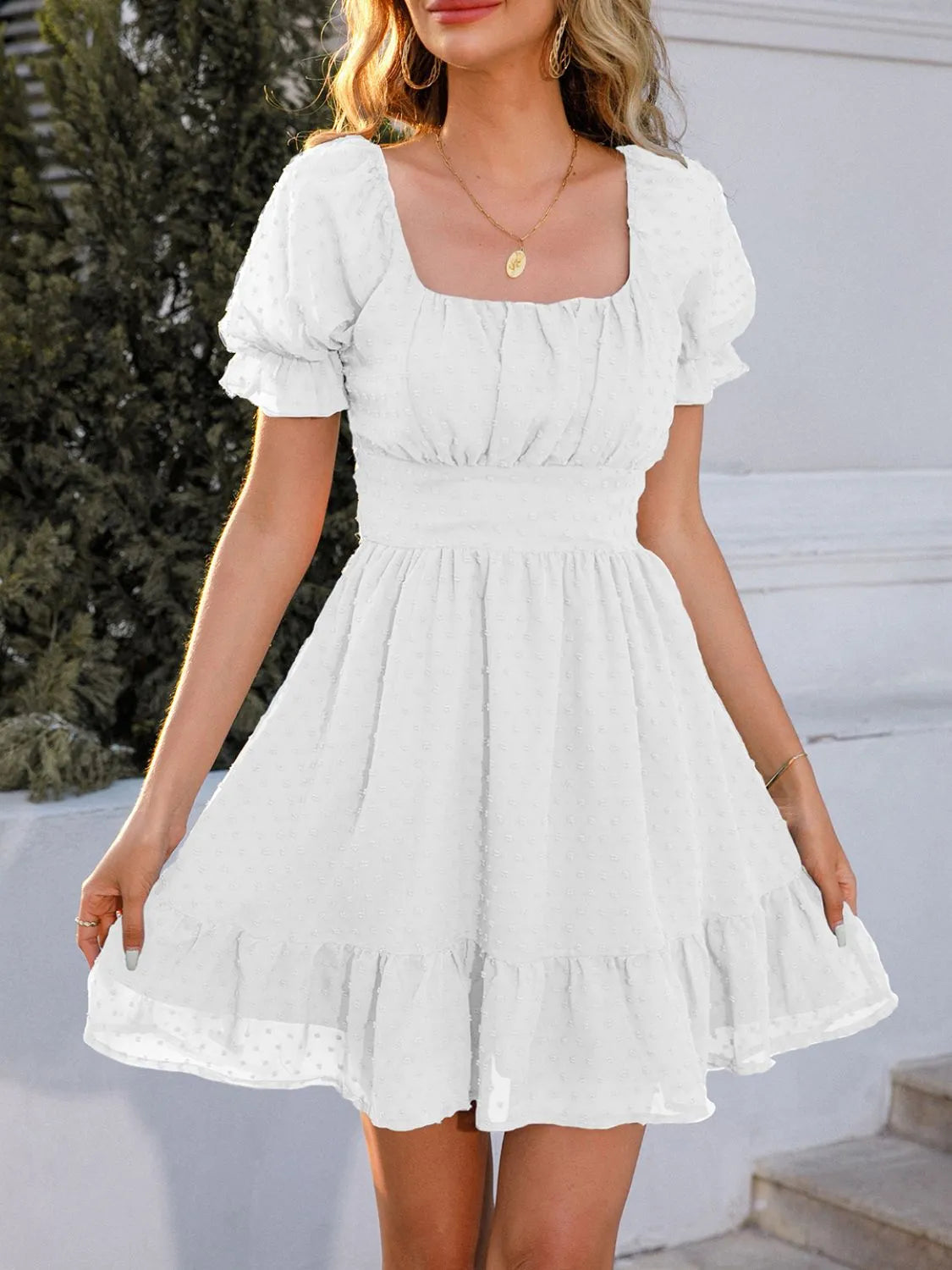Swiss Dot Short Sleeve Mini Dress