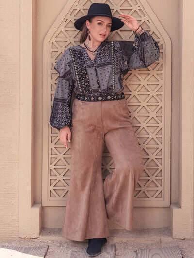 Plus Size Ruffled Printed Notched Long Sleeve Blouse - Clothes For Her Online Store