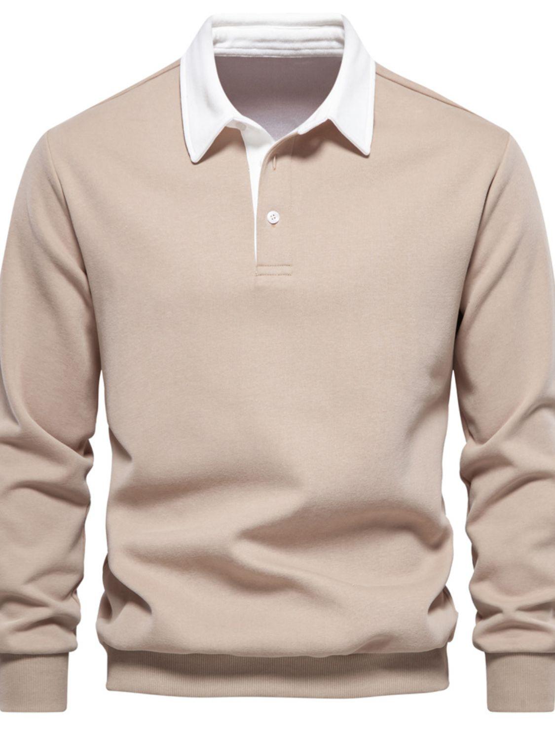 Men's Quarter Button Collared Neck Long Sleeve Polo - Clothes For Her Online Store