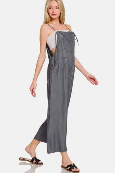 Zenana Washed Adjustable Strap Wide Leg Denim Overalls - Clothes For Her Online Store