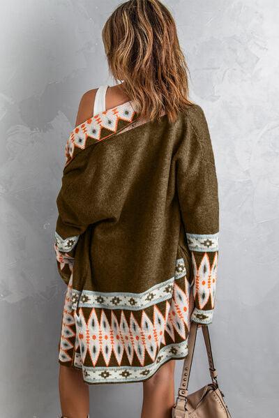 Geometric Open Front Long Sleeve Cardigan - Clothes For Her Online Store