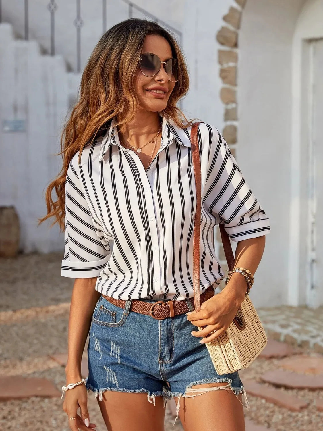 Striped Collared Neck Half Sleeve Shirt