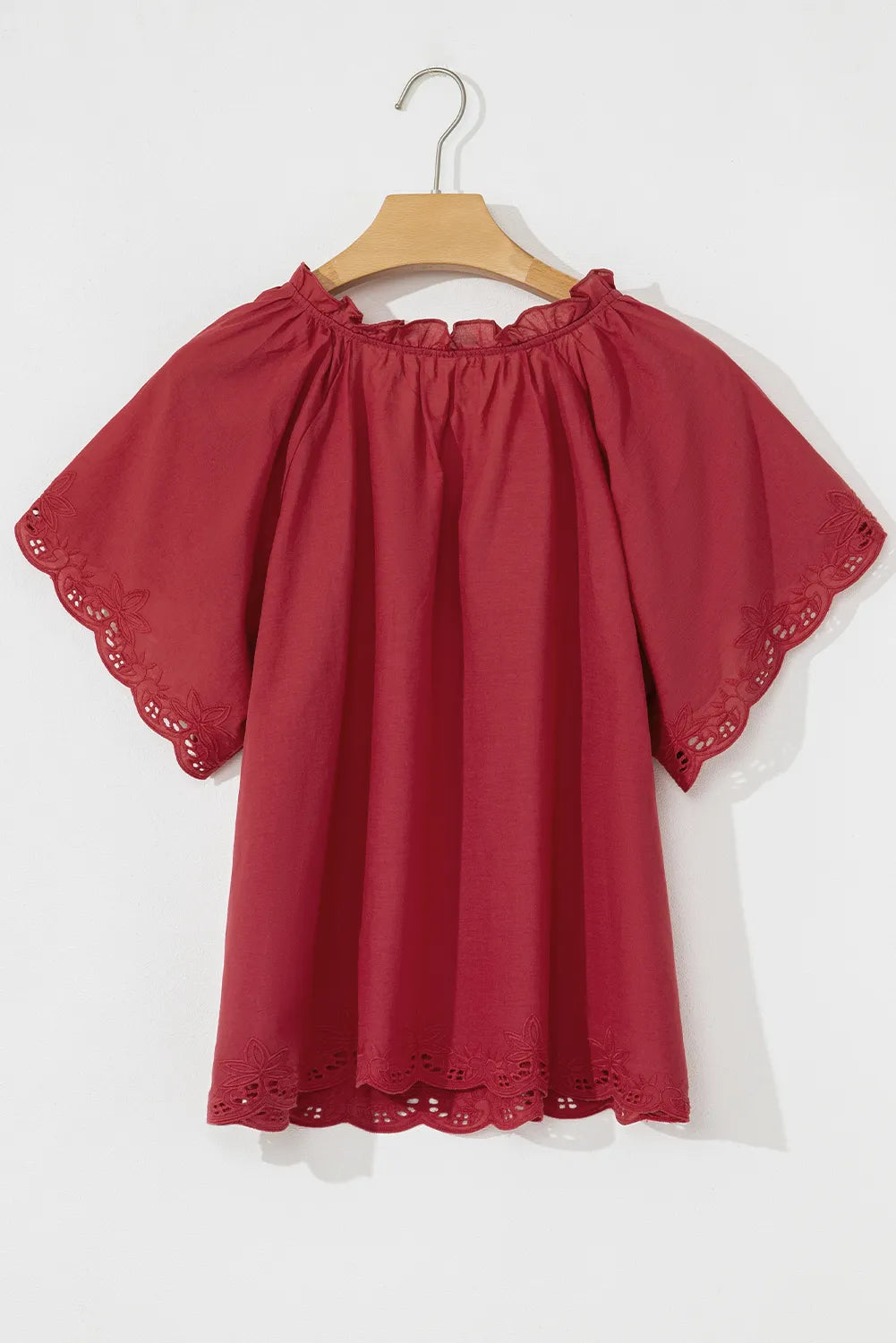 Floral Embroidered Scallop Trim Short Sleeve Notched Blouse