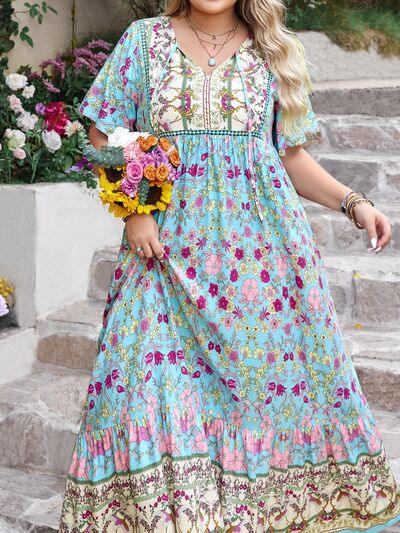 Plus Size Printed Tie Neck Flutter Sleeve Maxi Dress - Clothes For Her Online Store