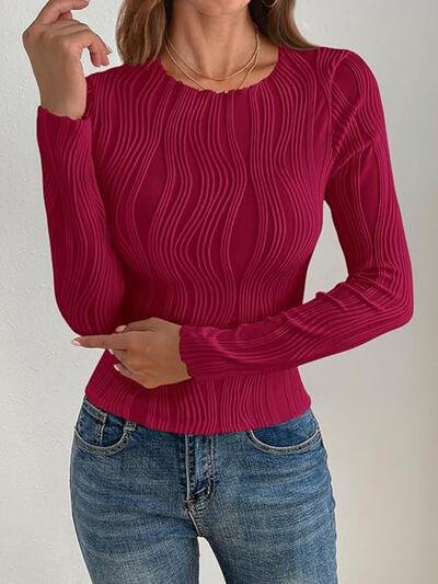 Textured Round Neck Long Sleeve Top - Clothes For Her Online Store
