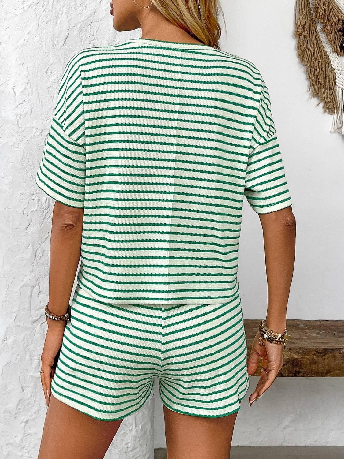 Striped Round Neck Short Sleeve Top and Shorts Set - Clothes For Her Online Store