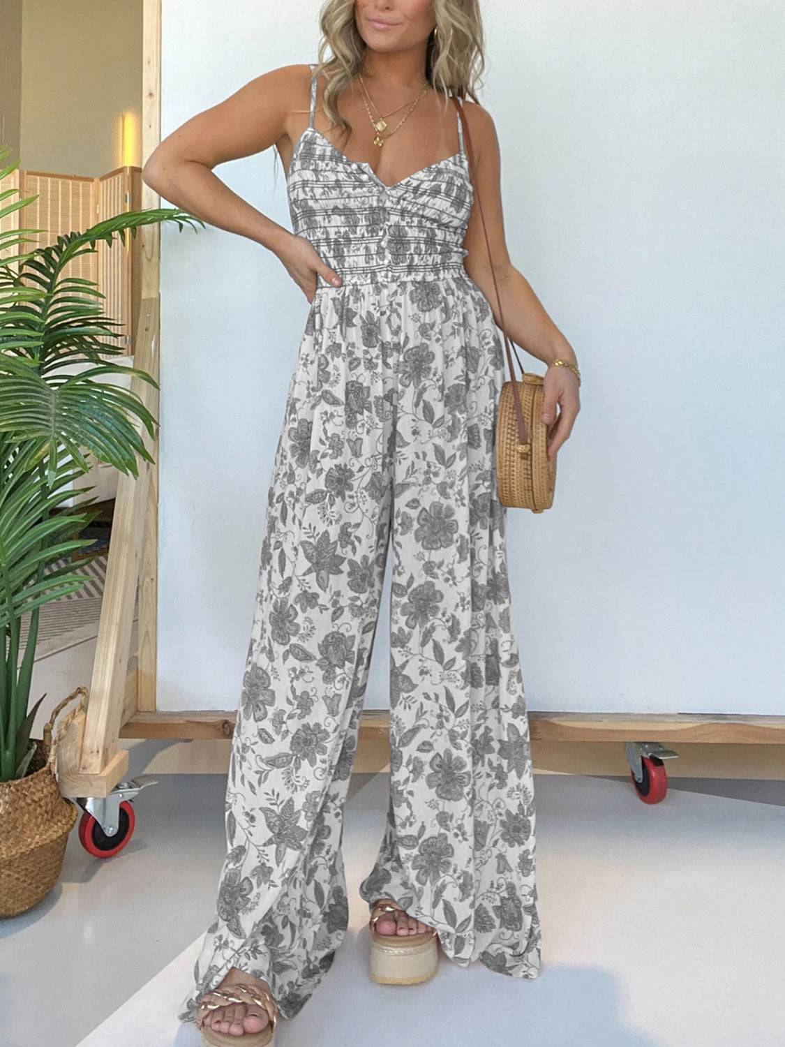 Full Size Printed Spaghetti Strap Wide Leg Jumpsuit - Clothes For Her Online Store