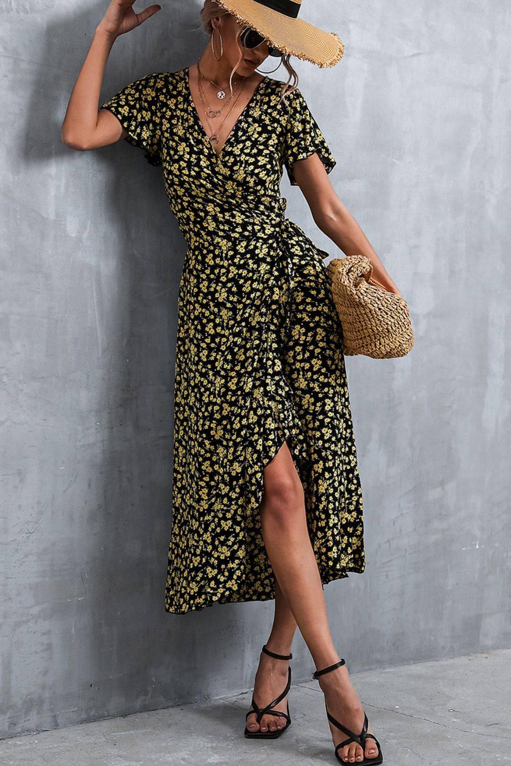 Floral Surplice Neck Tied Midi Dress - Clothes For Her Online Store