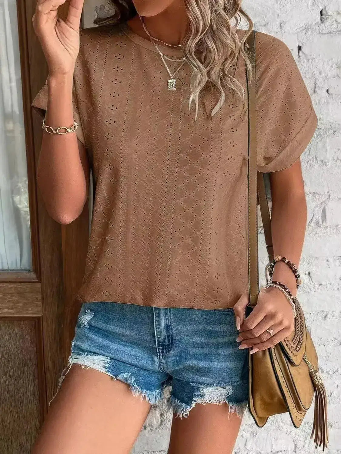 Eyelet Round Neck Short Sleeve Top - Clothes For Her Online Store