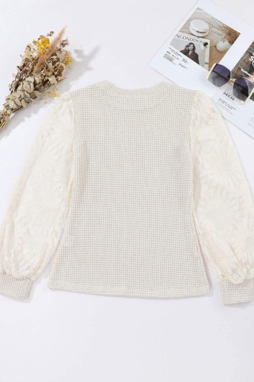 Mock Neck Lace Long Sleeve Top - Clothes For Her Online Store