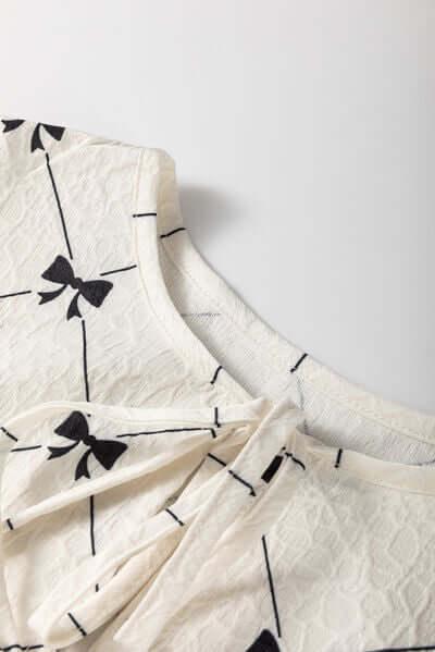 Bow Print Tie Neck Half Sleeve Dress - Clothes For Her Online Store