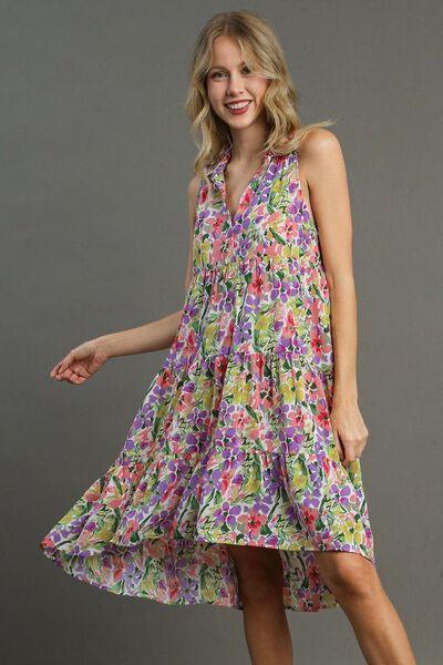 Umgee Full Size High-Low Hem Floral Sleeveless Tiered Dress Plus Size - Clothes For Her Online Store