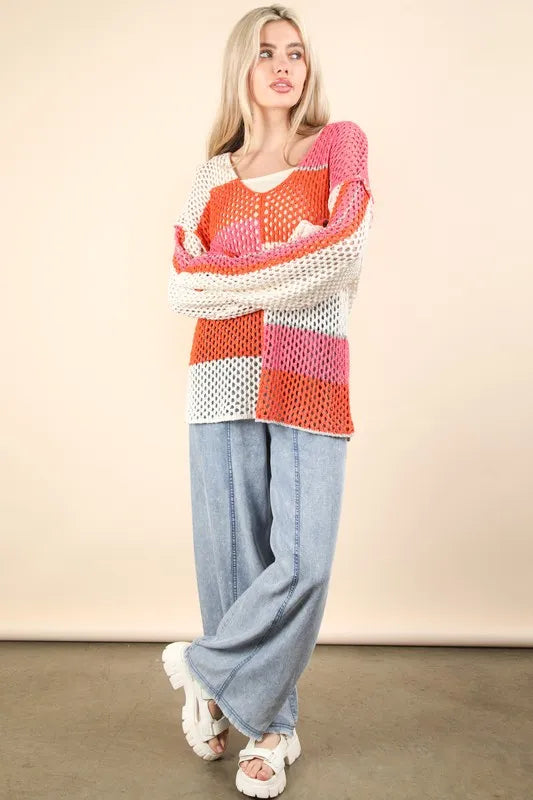 VERY J Color Block Oversized Summer Knit Cover Up